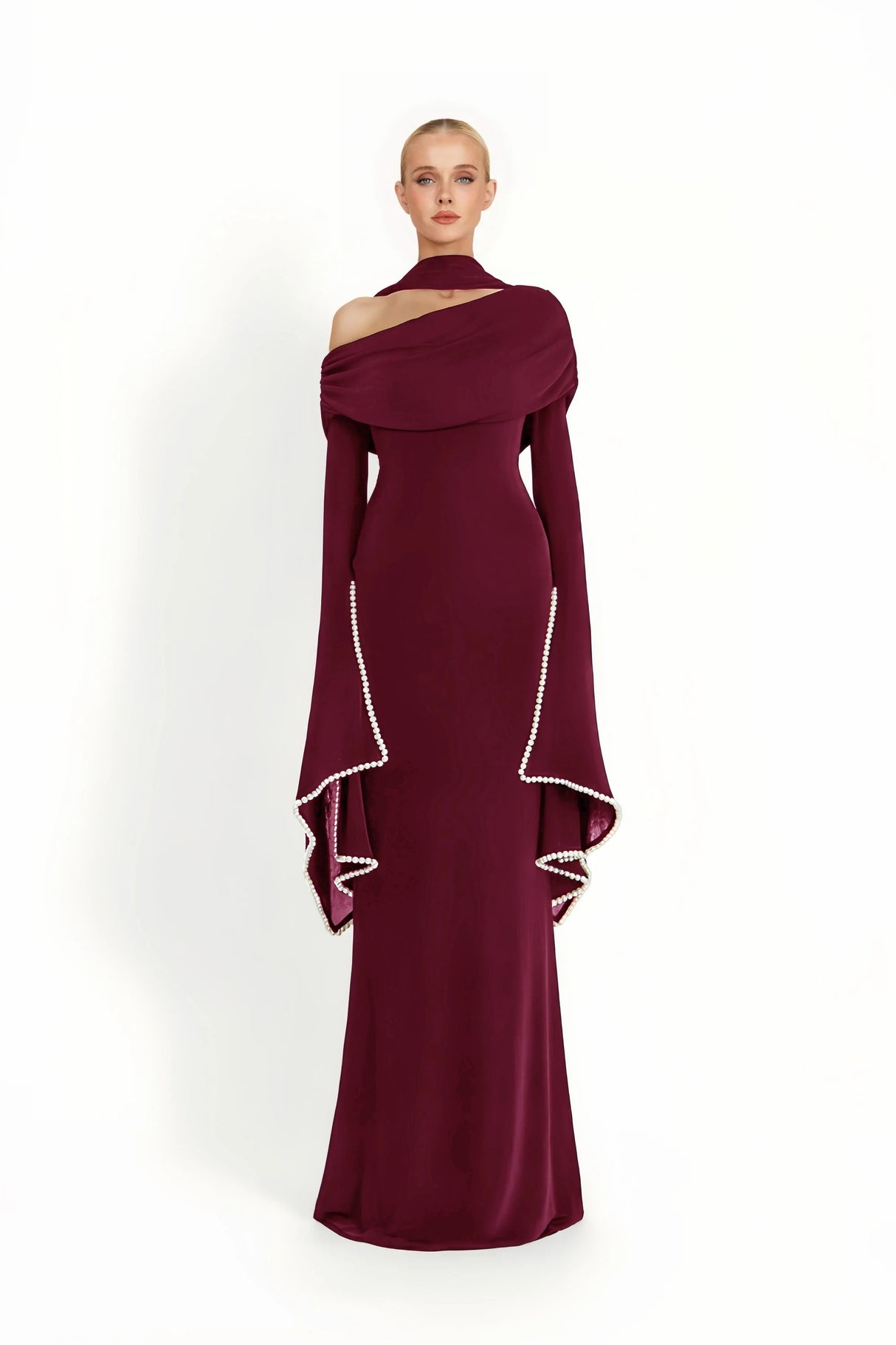 Simona Burgundy One Shoulder Pearl Trim Maxi Gown