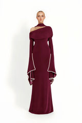 Simona Burgundy One Shoulder Pearl Trim Maxi Gown