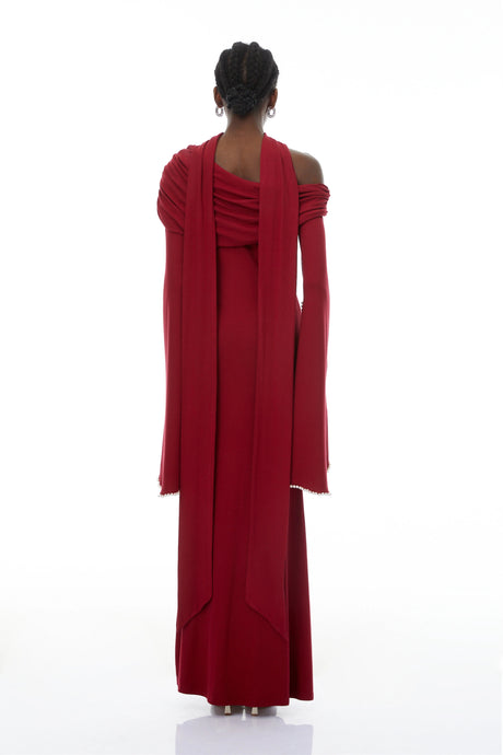 Rosalie Burgundy One Shoulder Pearl Trim Maxi Gown