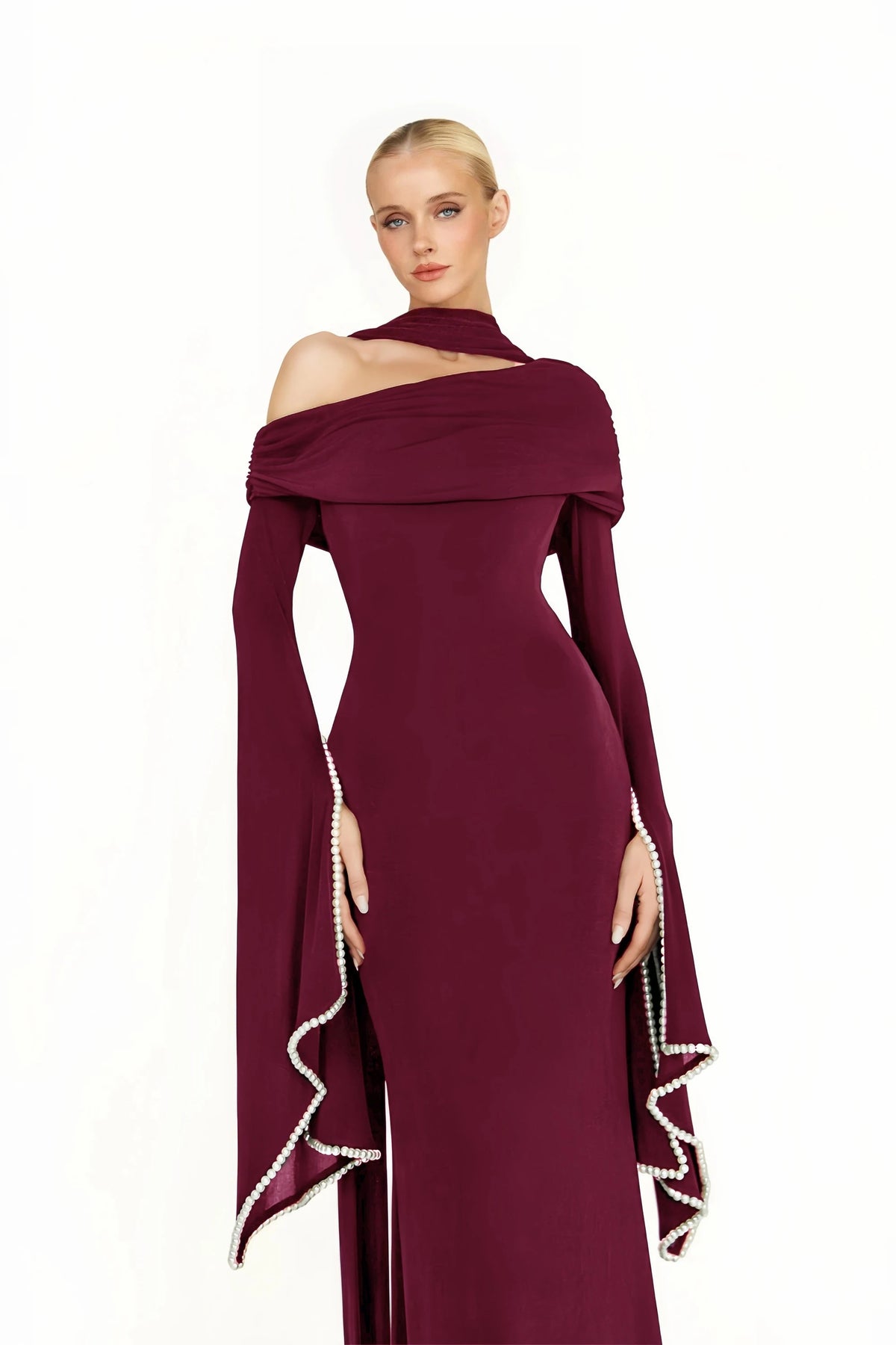 Simona Burgundy One Shoulder Pearl Trim Maxi Gown