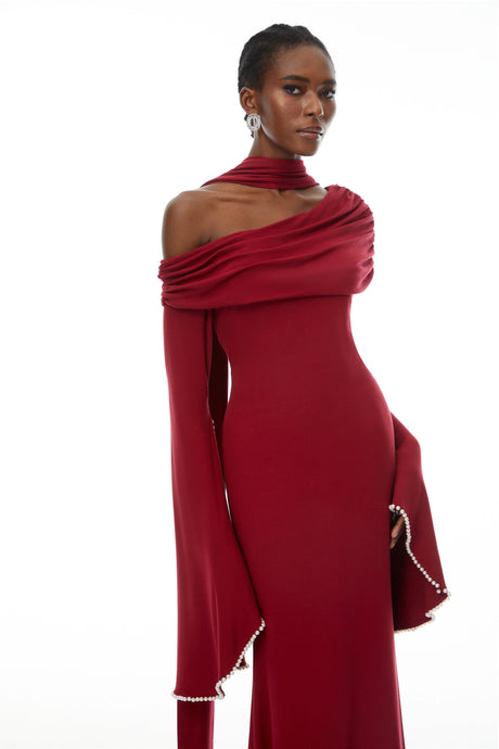 Rosalie Burgundy One Shoulder Pearl Trim Maxi Gown