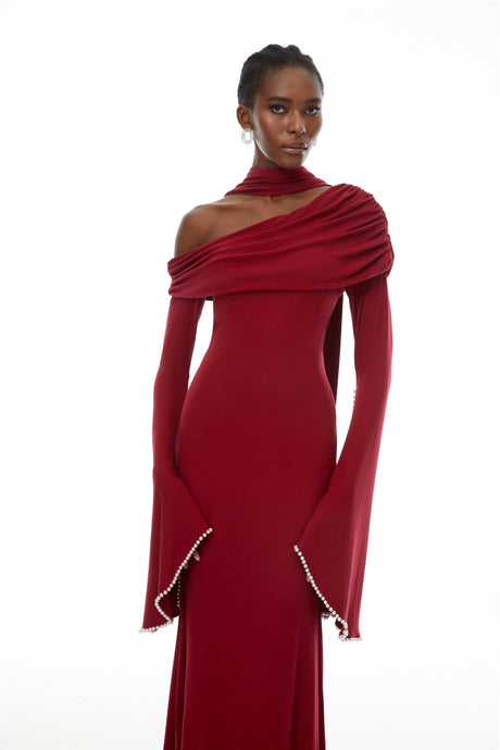 Rosalie Burgundy One Shoulder Pearl Trim Maxi Gown