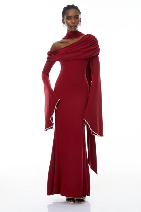 Rosalie Burgundy One Shoulder Pearl Trim Maxi Gown