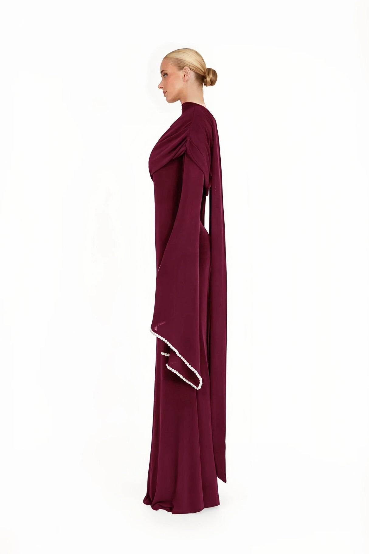 Simona Burgundy One Shoulder Pearl Trim Maxi Gown