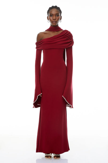 Rosalie Burgundy One Shoulder Pearl Trim Maxi Gown