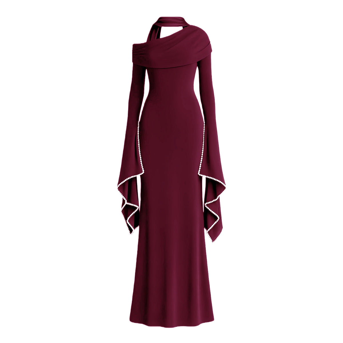 Simona Burgundy One Shoulder Pearl Trim Maxi Gown