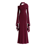 Simona Burgundy One Shoulder Pearl Trim Maxi Gown