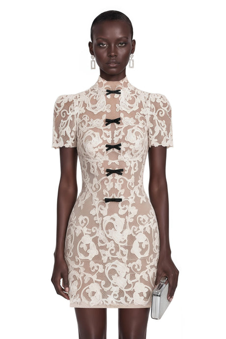 Iside Mini Dress Nude Lace with Bow Detail