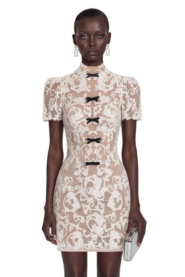 Simona Nude Lace Mini Dress with Bow Detail