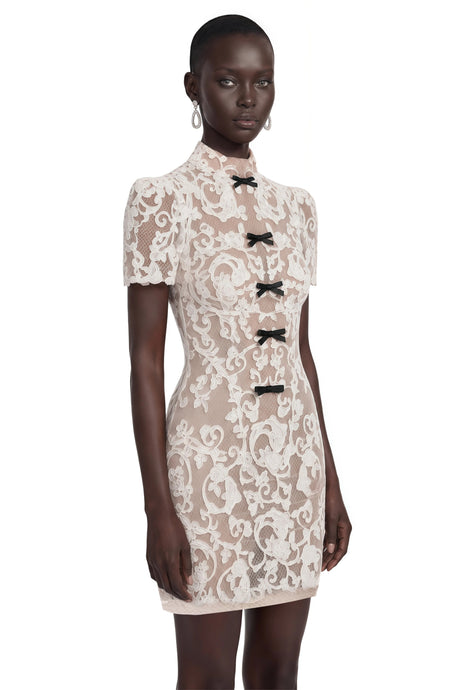 Iside Mini Dress Nude Lace with Bow Detail