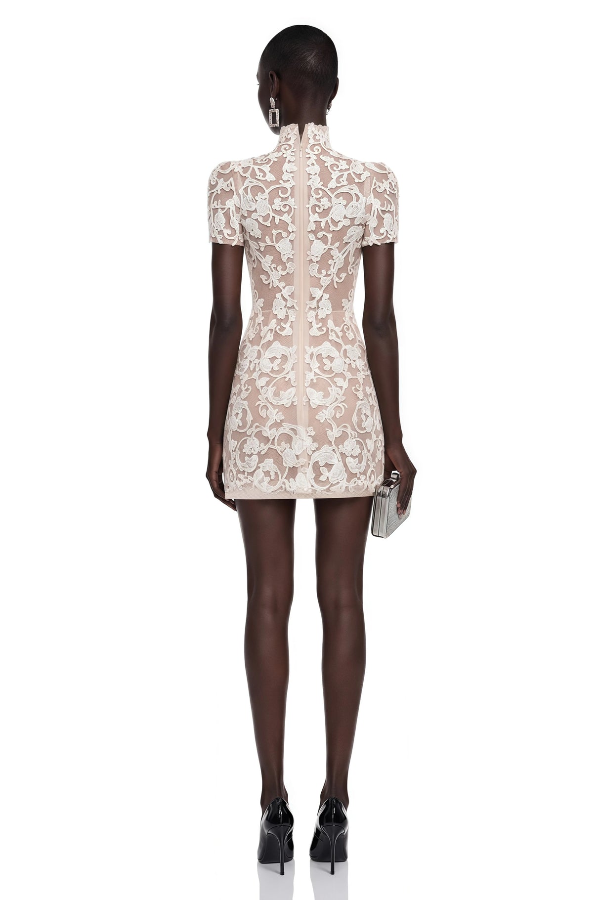 Simona Nude Lace Mini Dress with Bow Detail