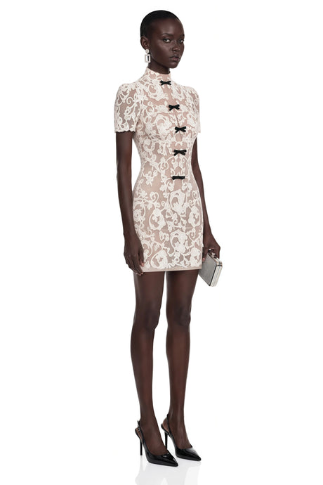 Iside Mini Dress Nude Lace with Bow Detail