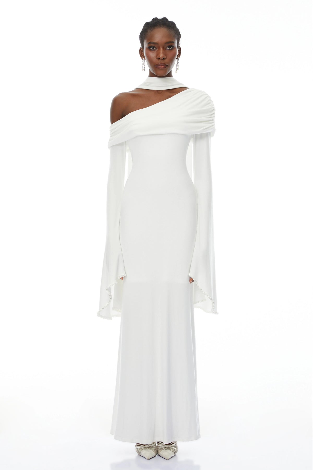 Simona White One Shoulder Pearl Trim Maxi Gown