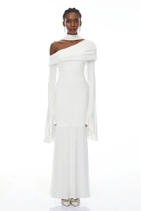Filippa White One Shoulder Pearl Trim Maxi Gown