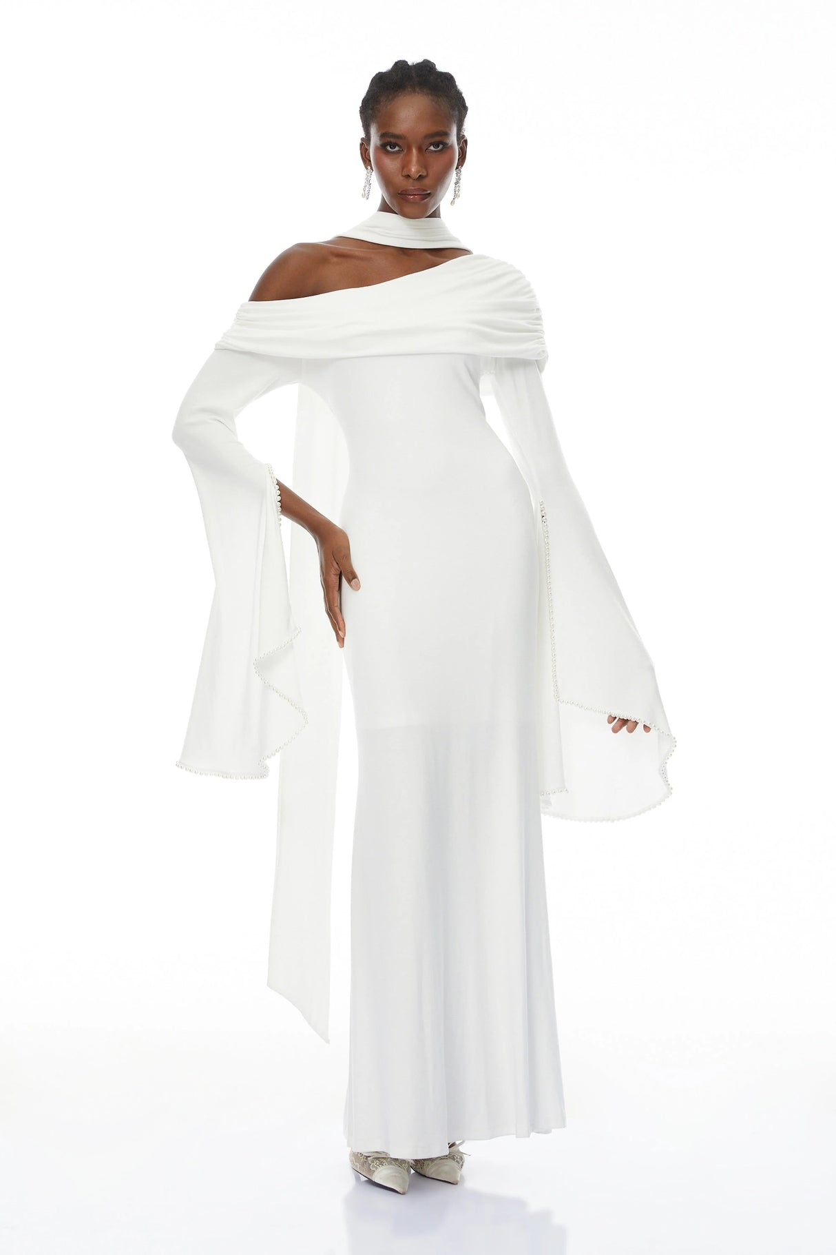 Simona White One Shoulder Pearl Trim Maxi Gown