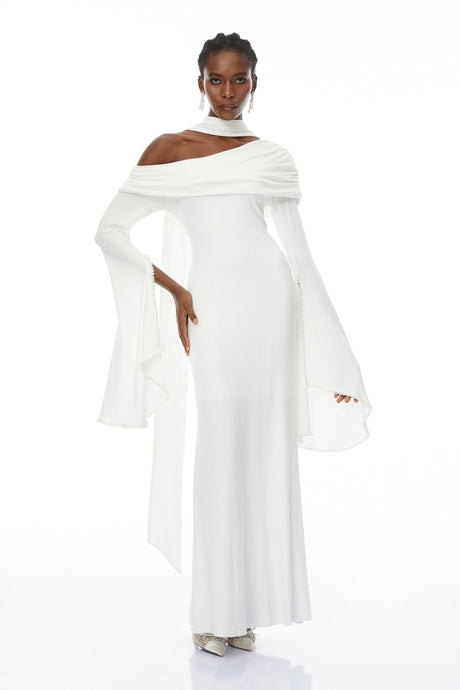 Filippa White One Shoulder Pearl Trim Maxi Gown