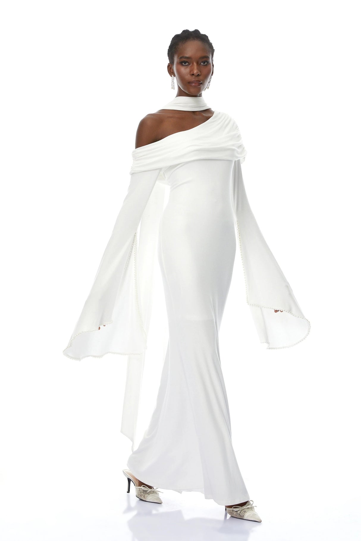 Simona White One Shoulder Pearl Trim Maxi Gown