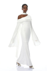 Simona White One Shoulder Pearl Trim Maxi Gown