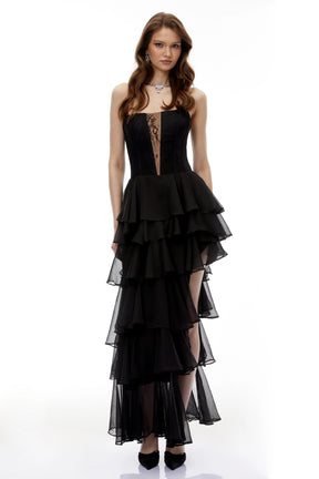 Simone Black Tulle Maxi Dress with CutOuts