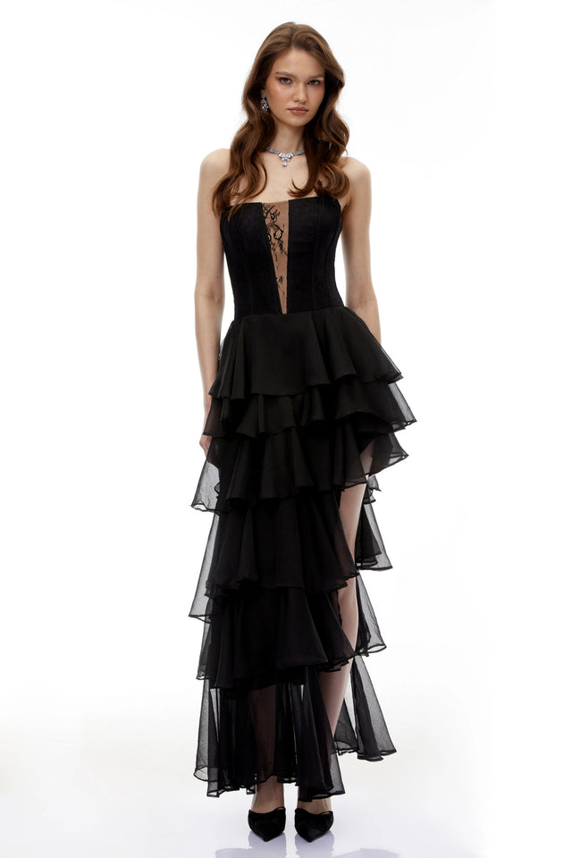 Simone Black Tulle Maxi Dress with CutOuts