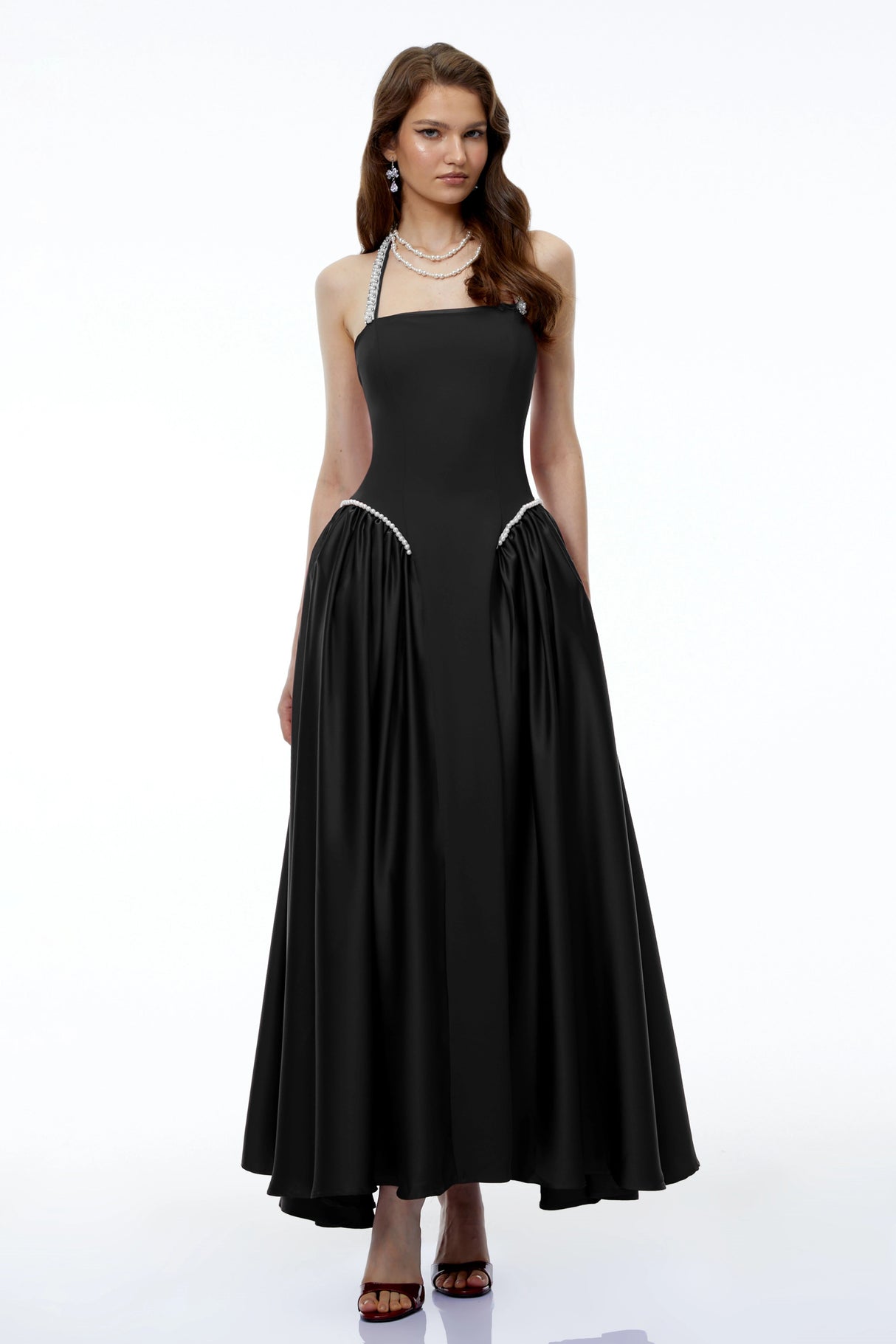 Siobhan Black Halterneck Maxi Dress with Pearl Trim