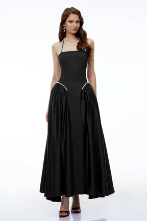 Siobhan Black Halterneck Maxi Dress with Pearl Trim