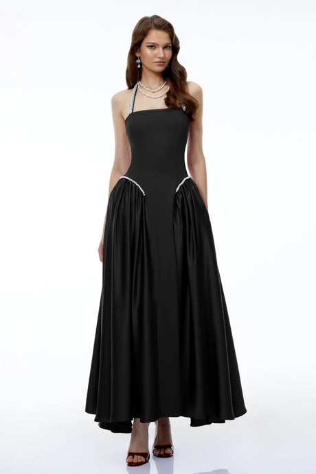 Pasqualina Maxi Dress Black Halterneck with Pearl Trim