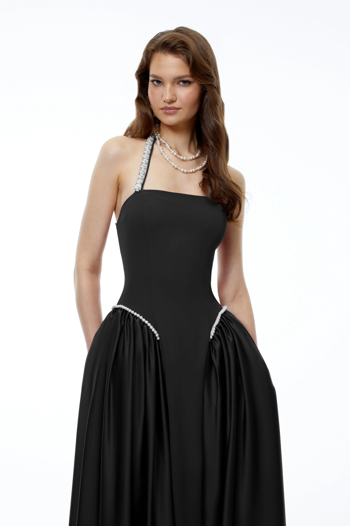 Siobhan Black Halterneck Maxi Dress with Pearl Trim