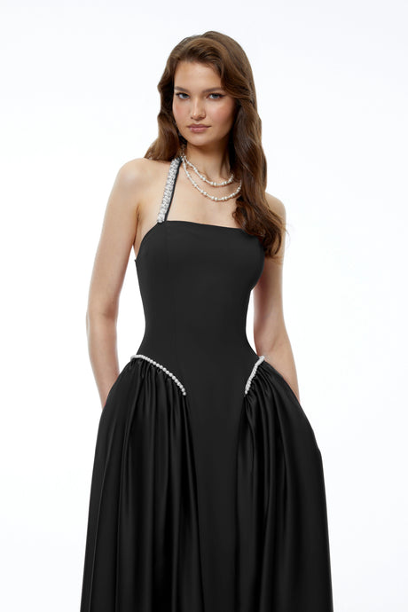 Pasqualina Maxi Dress Black Halterneck with Pearl Trim