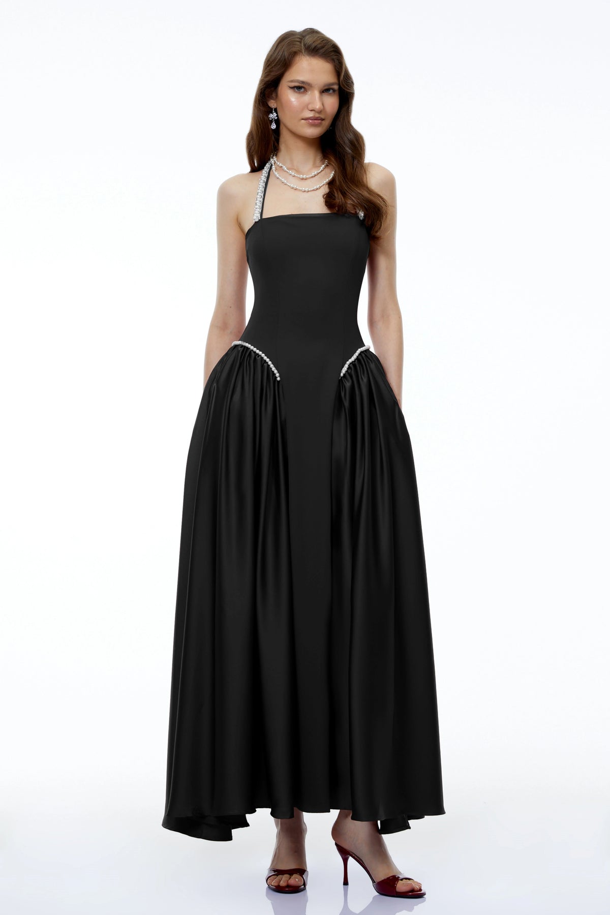 Siobhan Black Halterneck Maxi Dress with Pearl Trim