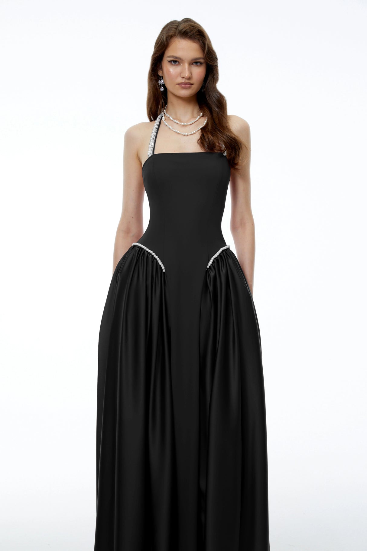 Siobhan Black Halterneck Maxi Dress with Pearl Trim