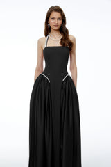 Siobhan Black Halterneck Maxi Dress with Pearl Trim