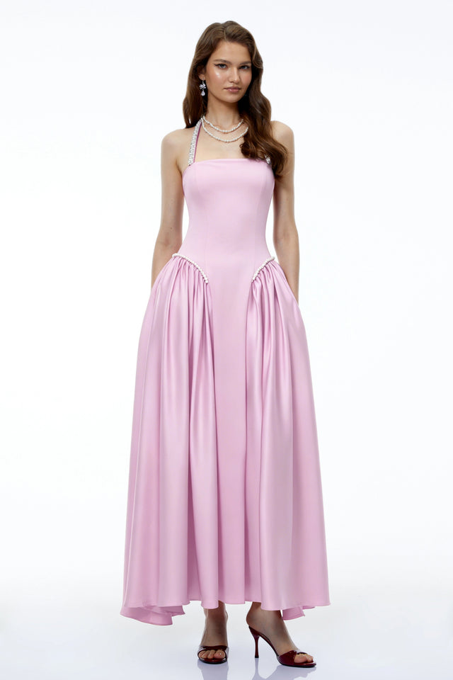 Siobhan Pink Halterneck Maxi Dress with Pearl Trim