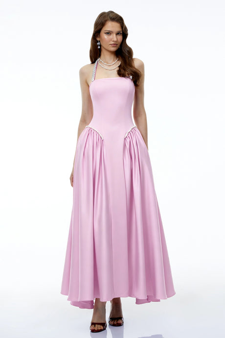 Phoebe Maxi Dress Pink Halterneck with Pearl Trim