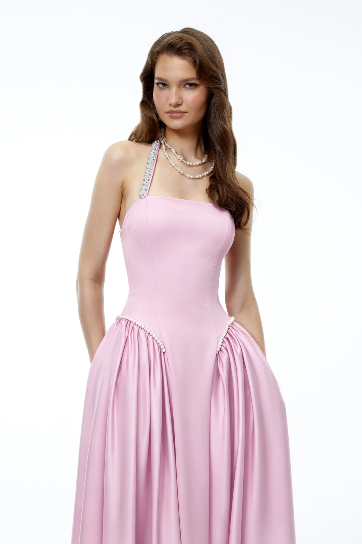 Siobhan Pink Halterneck Maxi Dress with Pearl Trim
