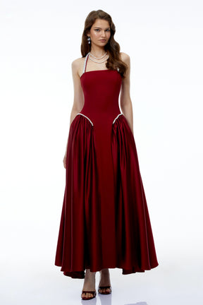 Siobhan Red Halterneck Maxi Dress with Pearl Trim