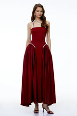 Siobhan Red Halterneck Maxi Dress with Pearl Trim