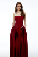 Siobhan Red Halterneck Maxi Dress with Pearl Trim