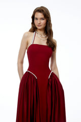 Siobhan Red Halterneck Maxi Dress with Pearl Trim