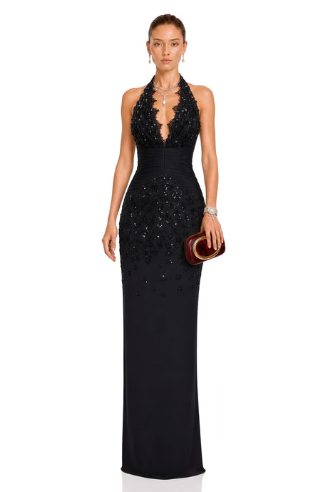 Annamaria Black Halterneck Embellished Corset Maxi Gown