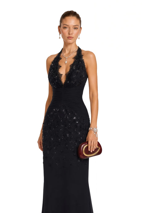 Annamaria Black Halterneck Embellished Corset Maxi Gown