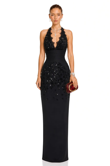 Annamaria Black Halterneck Embellished Corset Maxi Gown