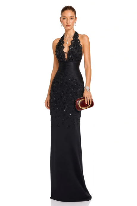 Annamaria Black Halterneck Embellished Corset Maxi Gown