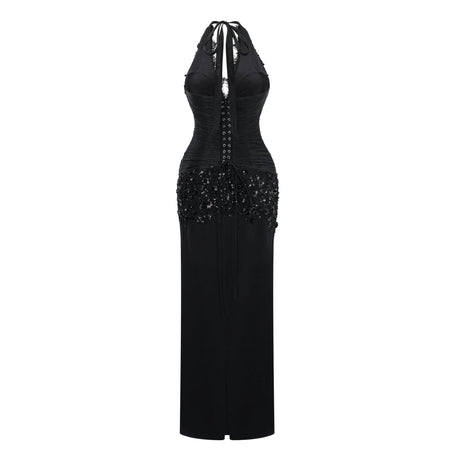 Annamaria Black Halterneck Embellished Corset Maxi Gown