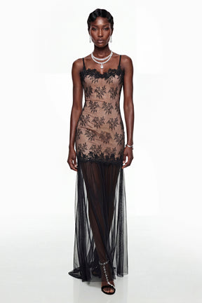 Sisanda Black Tulle Maxi Dress with Lace Panels