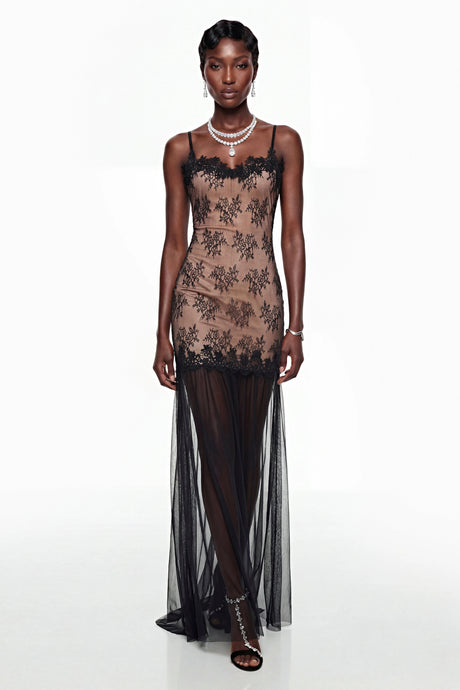 Gemma Maxi Dress Black Tulle with Lace Panels