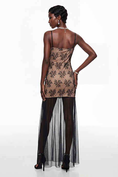 Gemma Maxi Dress Black Tulle with Lace Panels