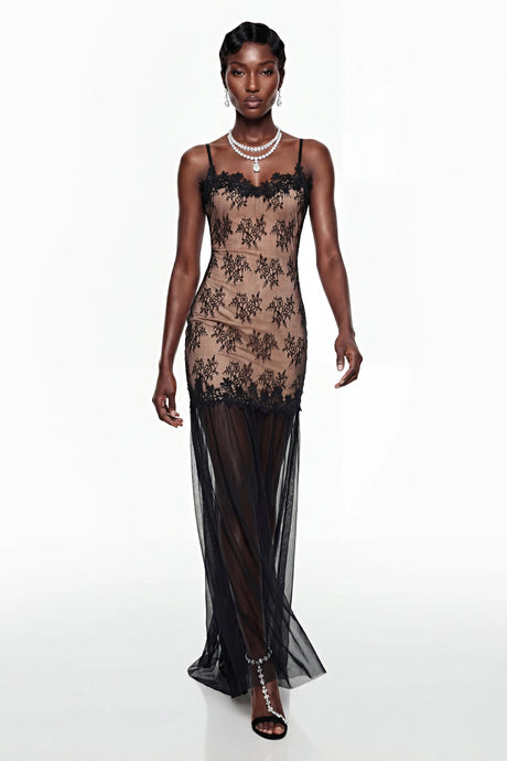 Gemma Maxi Dress Black Tulle with Lace Panels