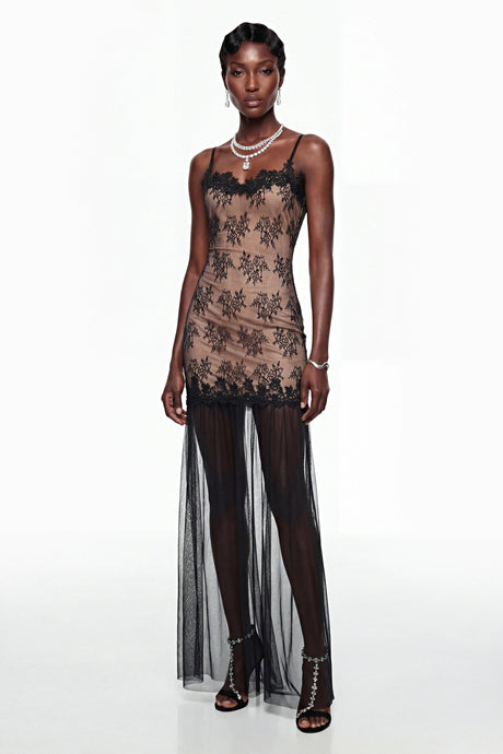Gemma Maxi Dress Black Tulle with Lace Panels