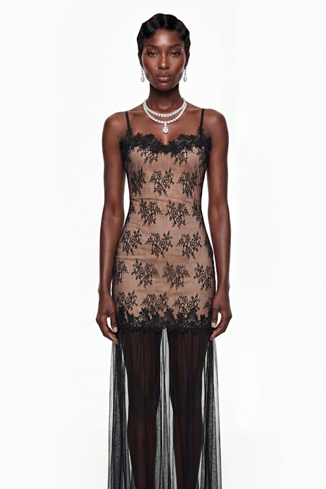 Gemma Maxi Dress Black Tulle with Lace Panels